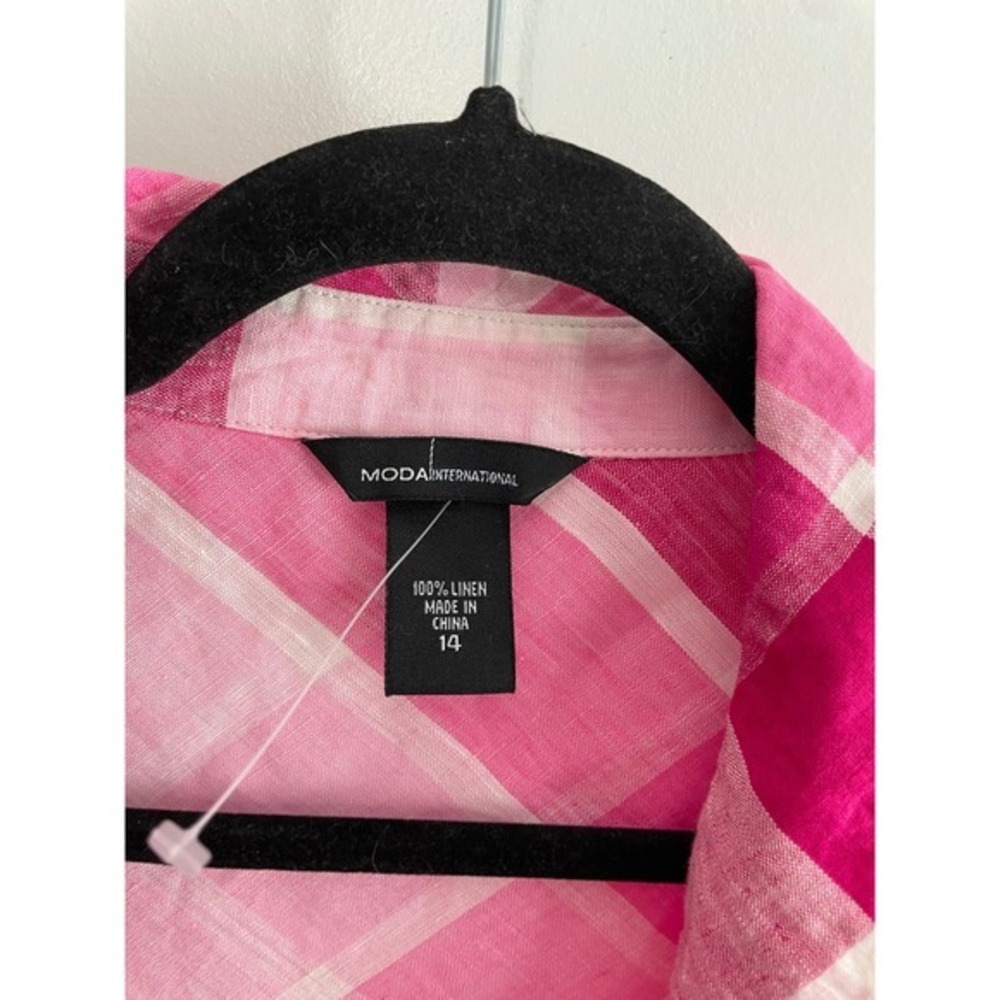Moda International Pink Plaid 100% Linen Button‎ Down Shirt Dress Womens 14 - Picture 5 of 7